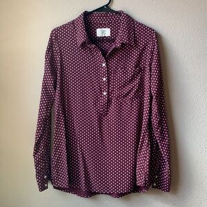 Cosmic Blue Love long sleeve half button up blouse. Maroon/white. Size M.